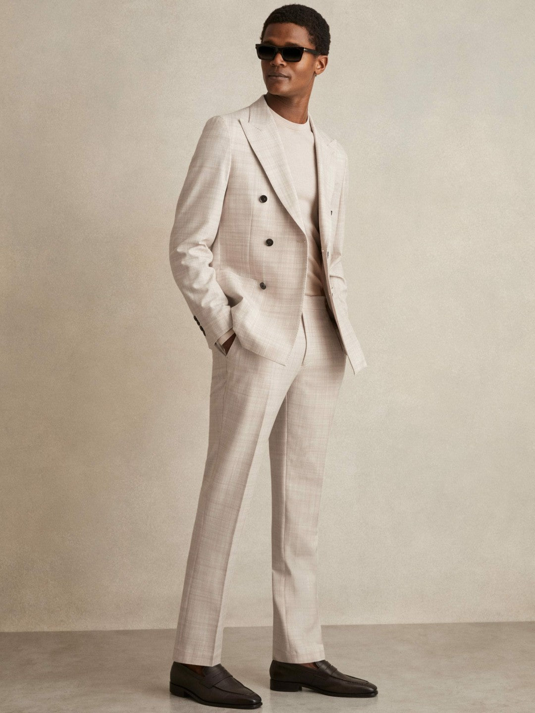Reiss Double-Breasted Check Suit Blazer Regular-Fit in Stone