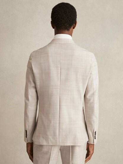 Reiss Double-Breasted Check Suit Blazer Regular-Fit in Stone
