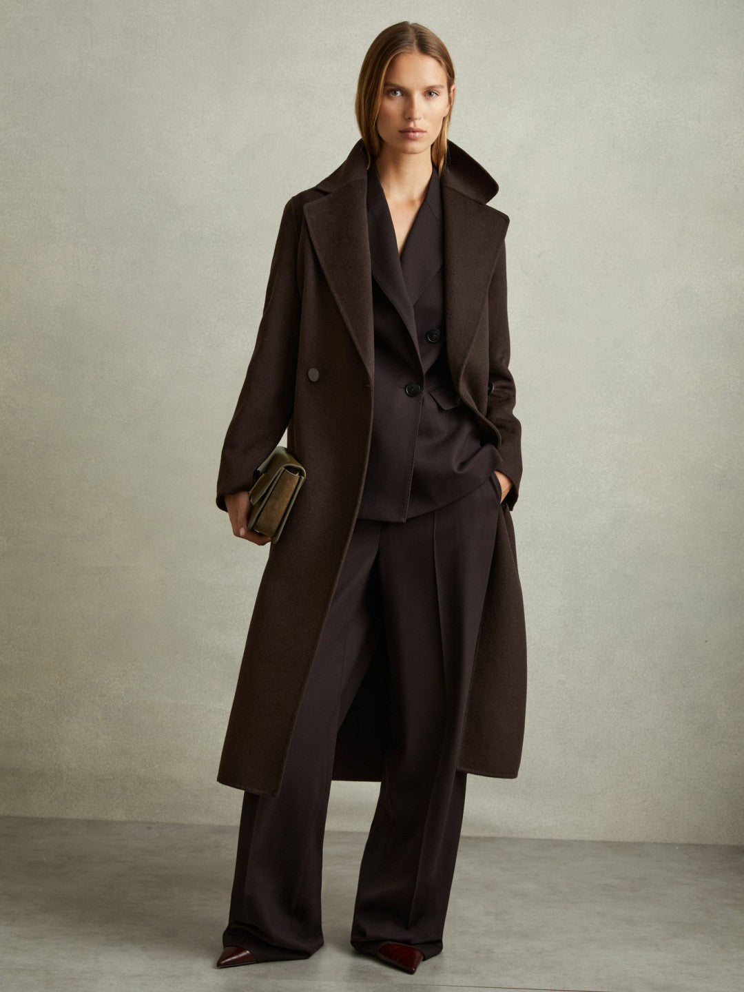 Reiss Wool Blend Double Breasted Blindseam Coat in Chocolate