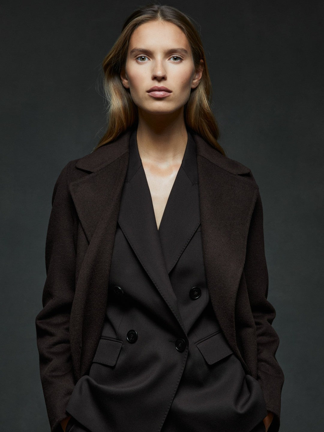 Reiss Wool Blend Double Breasted Blindseam Coat in Chocolate