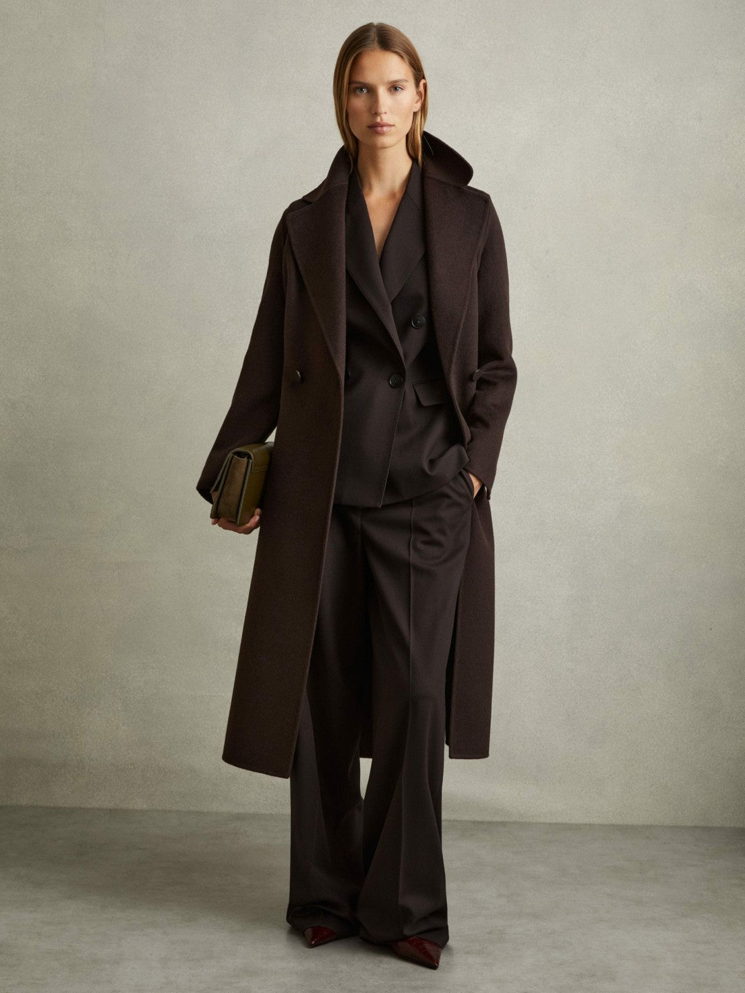 Reiss Wool Blend Double Breasted Blindseam Coat in Chocolate