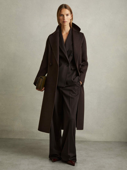 Reiss Wool Blend Double Breasted Blindseam Coat in Chocolate