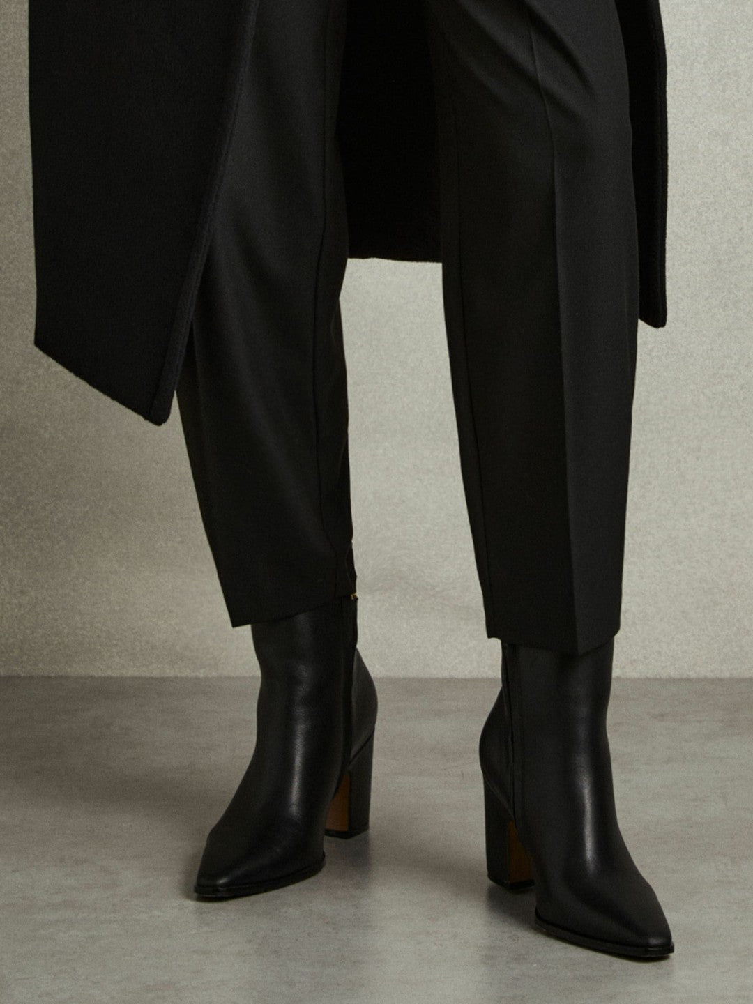 Reiss Leather Blocked Heel Ankle Boots in Black