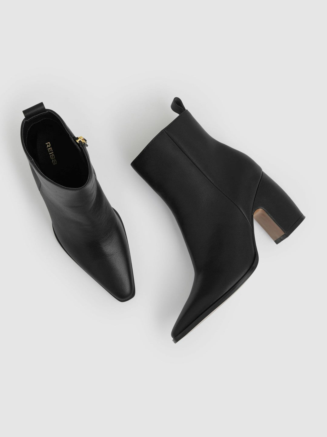 Reiss Leather Blocked Heel Ankle Boots in Black