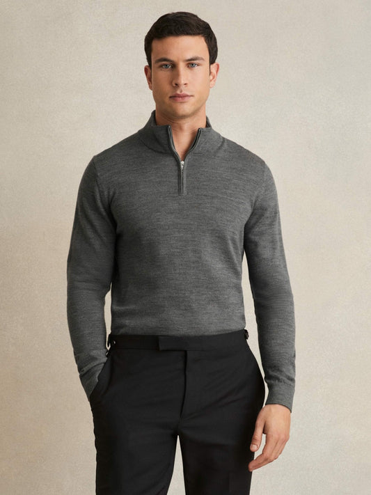 Reiss Merino Wool Half-Zip Jumper in Derby Grey Marl