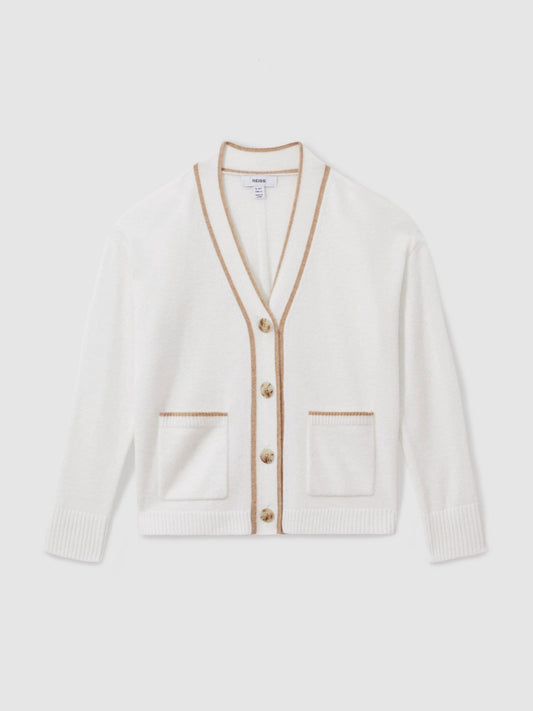 Reiss 13-14 yrs Wool-Blend Stripe-Detail Cardigan With Cashmere in Cream