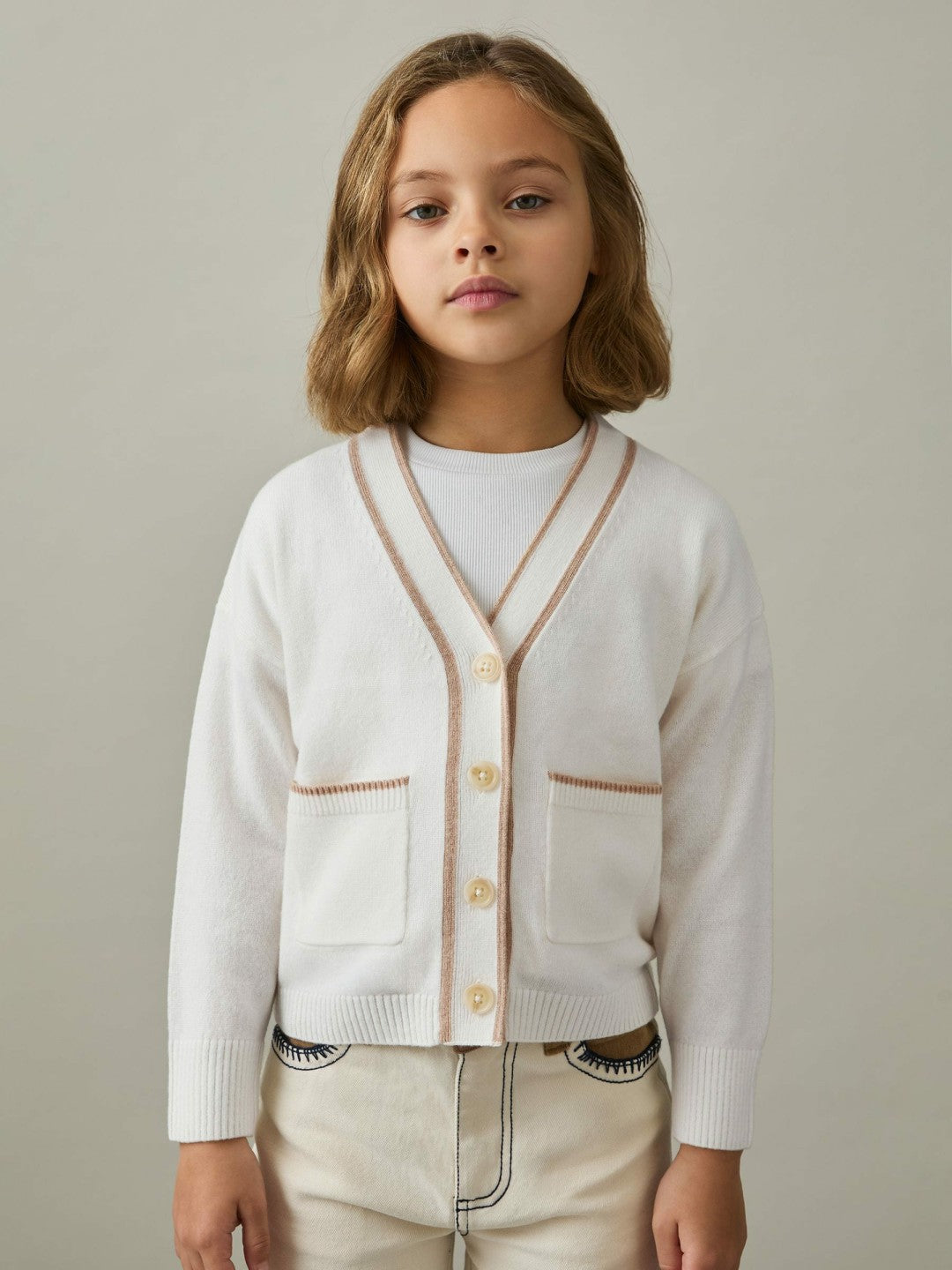Reiss 9-13 yrs Wool-Blend Stripe-Detail Cardigan With Cashmere in Cream