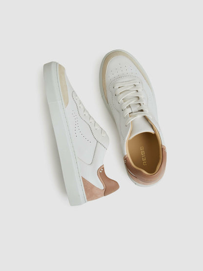 Reiss Leather Contrast Detail Trainers in White/Nude