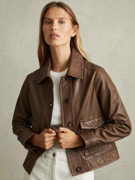 Reiss Leather Trucker Jacket in Chocolate