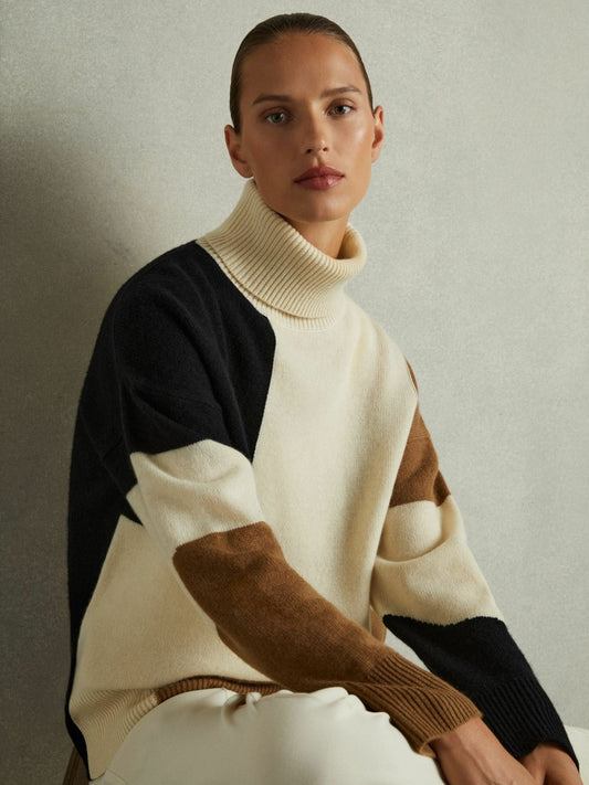Reiss Wool-Cashmere Colourblock-Intarsia Jumper in Cream/Brown