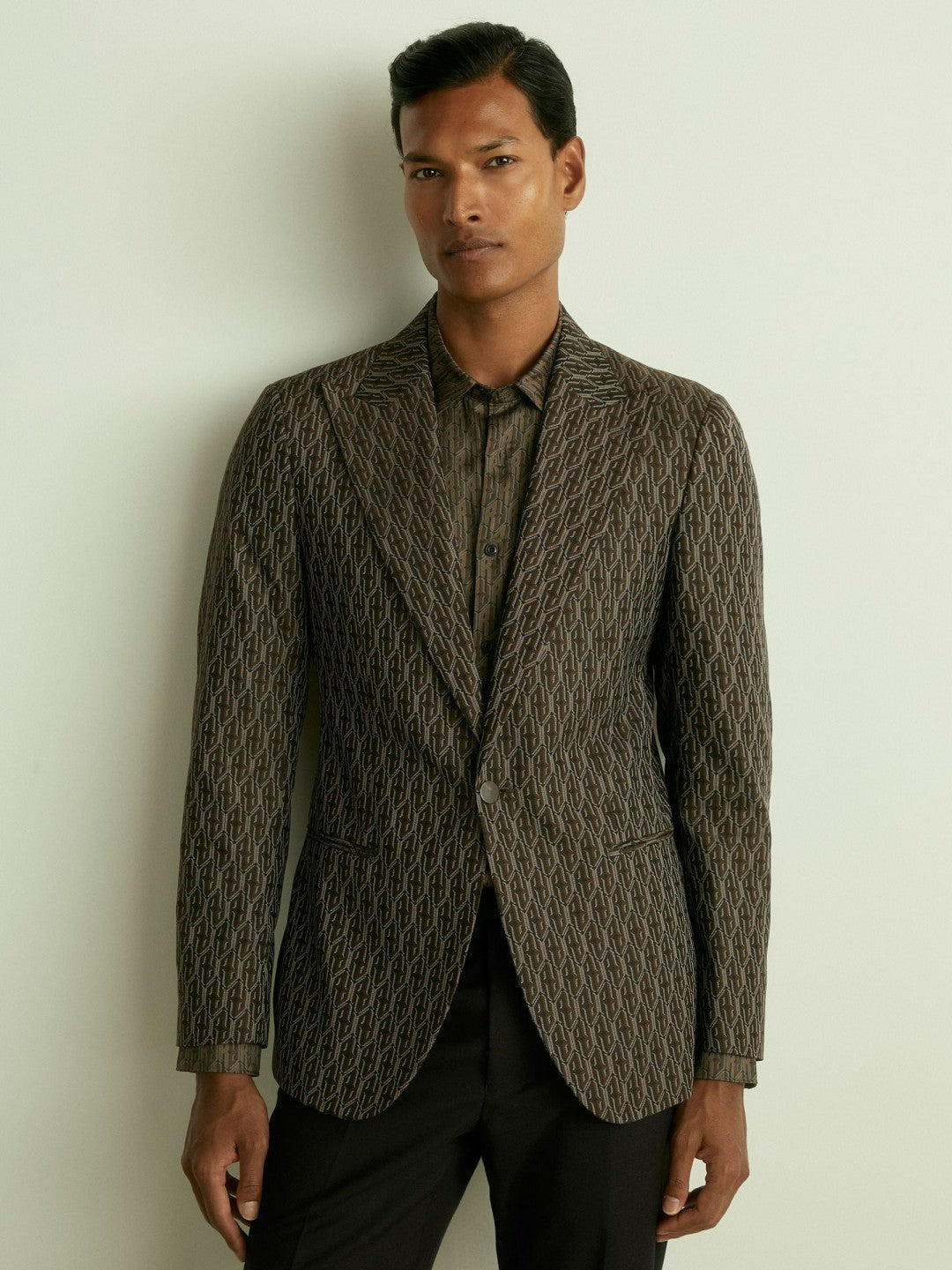 Reiss Monogram-Jacquard Twill Blazer in Chocolate Brown