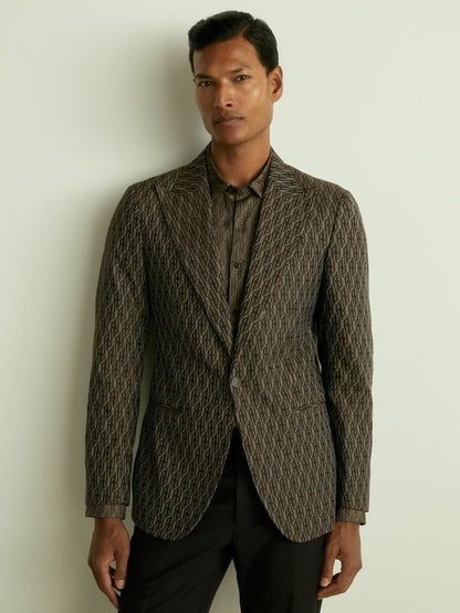 Reiss Monogram-Jacquard Twill Blazer in Chocolate Brown