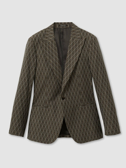 Reiss Monogram-Jacquard Twill Blazer in Chocolate Brown