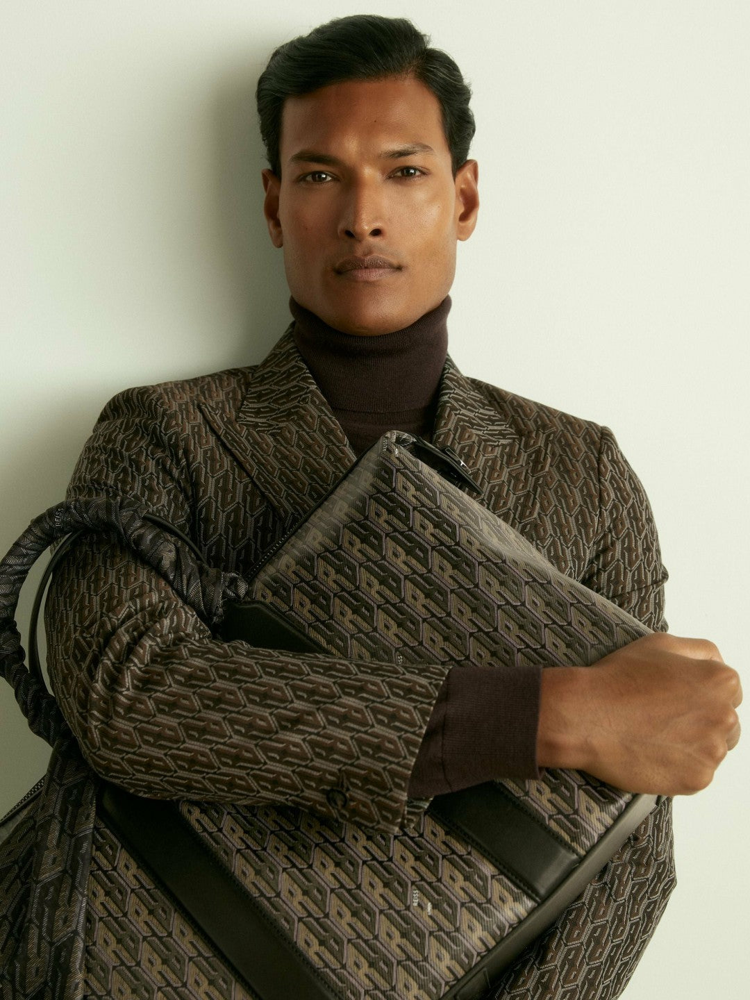 Reiss Monogram-Jacquard Twill Blazer in Chocolate Brown
