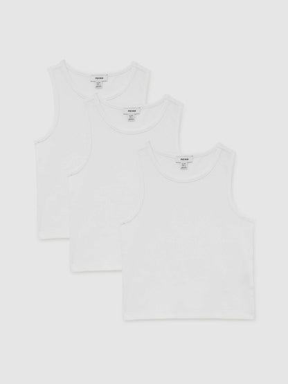 Reiss 3-9 yrs Cotton Stretch Ribbed Vest 3 Pack in White