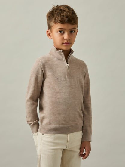 Reiss 3-9 yrs Merino Wool Half-Zip Funnel Neck Jumper in Wheat Melange