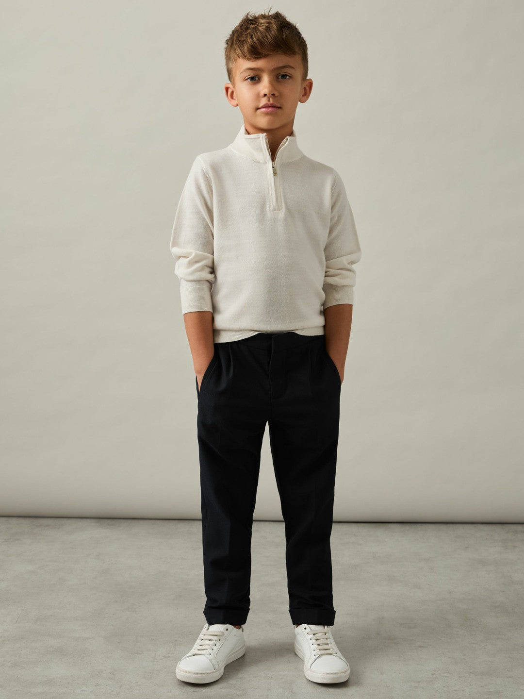 Reiss 9-13 yrs Merino Wool Half-Zip Funnel Neck Jumper in Snow