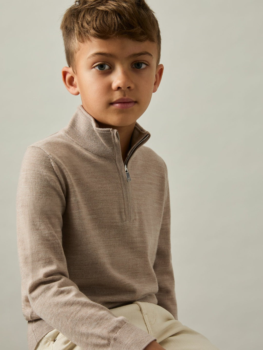Reiss 9-13 yrs Merino Wool Half-Zip Funnel Neck Jumper in Wheat Melange