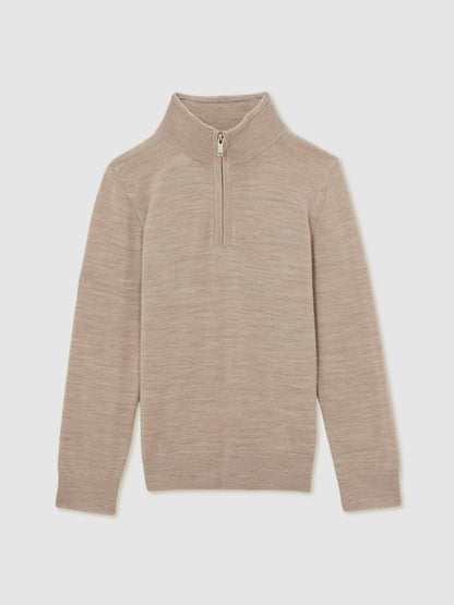 Reiss 9-13 yrs Merino Wool Half-Zip Funnel Neck Jumper in Wheat Melange