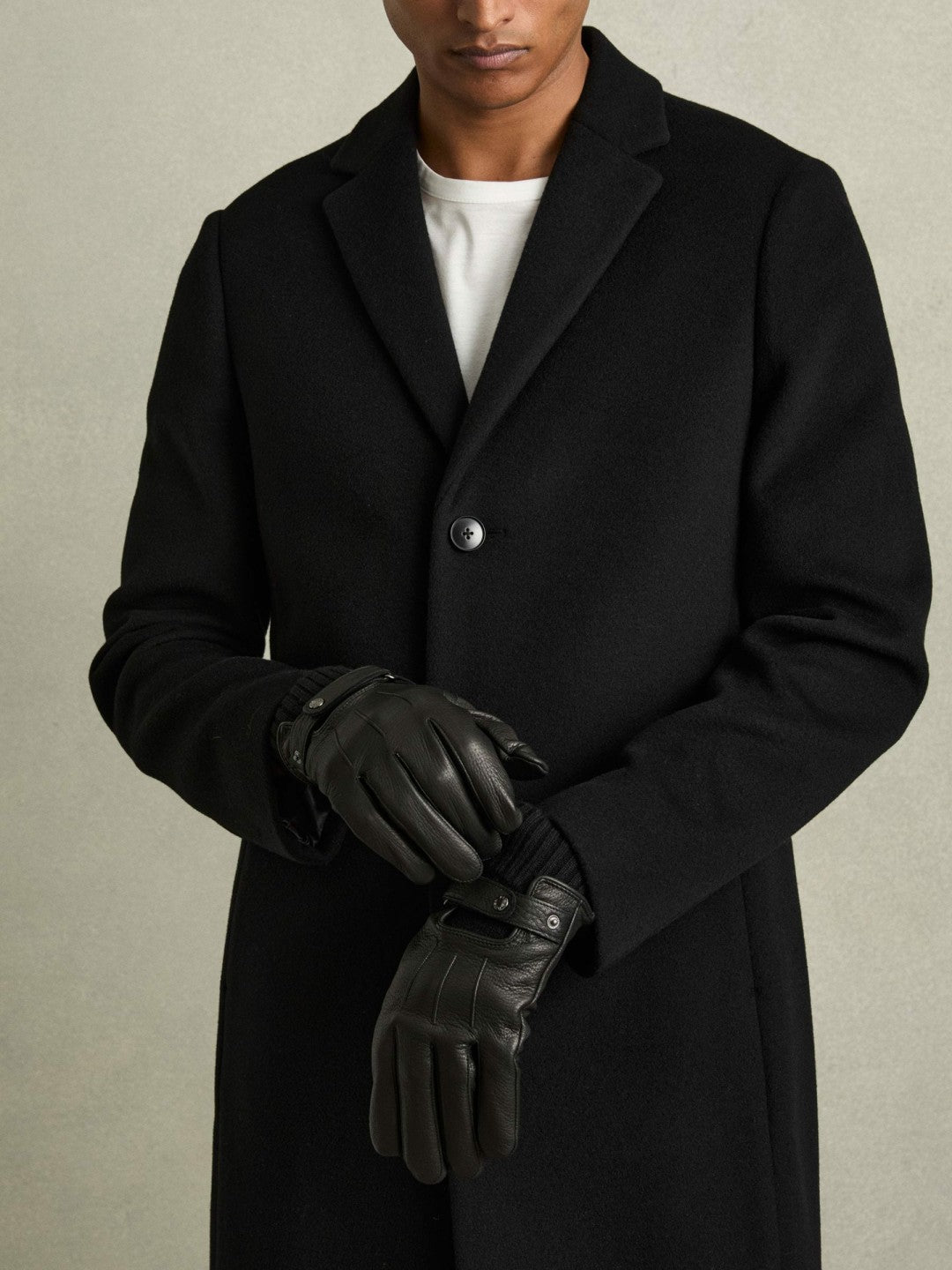 Reiss Leather Ribbed-Cuff Gloves in Black