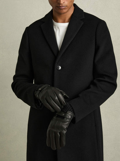 Reiss Leather Ribbed-Cuff Gloves in Black
