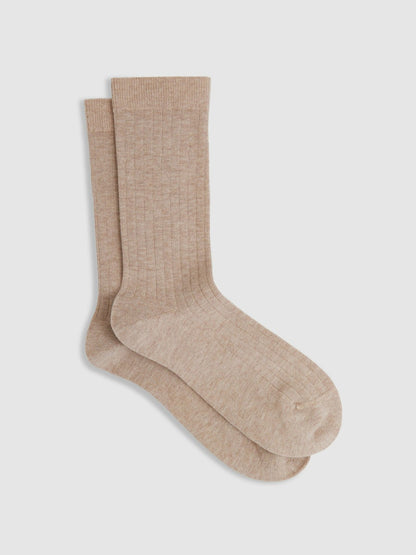 Reiss Cotton Blend Ribbed Loafer Socks in Oatmeal