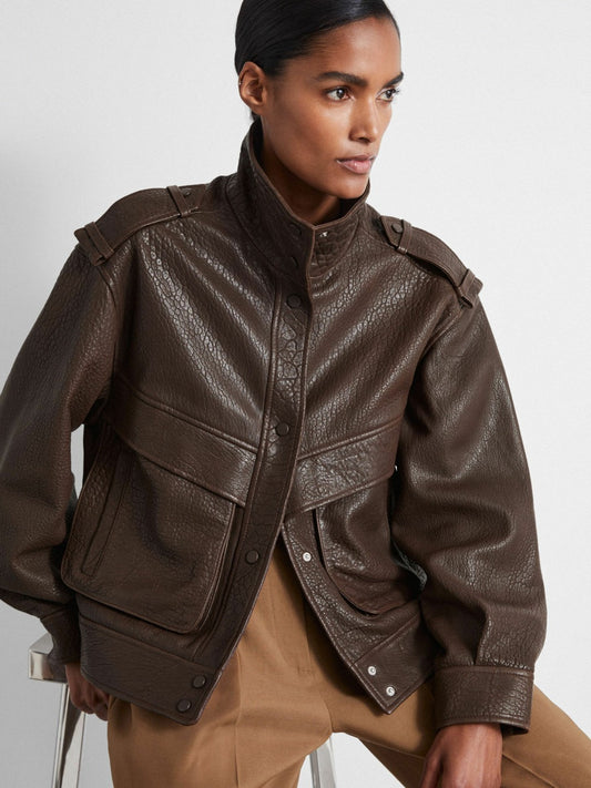 Reiss Atelier Grained Leather Jacket in Chocolate