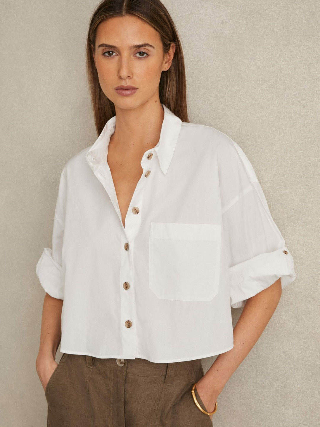 Reiss Oversize Cotton Cropped Shirt in White