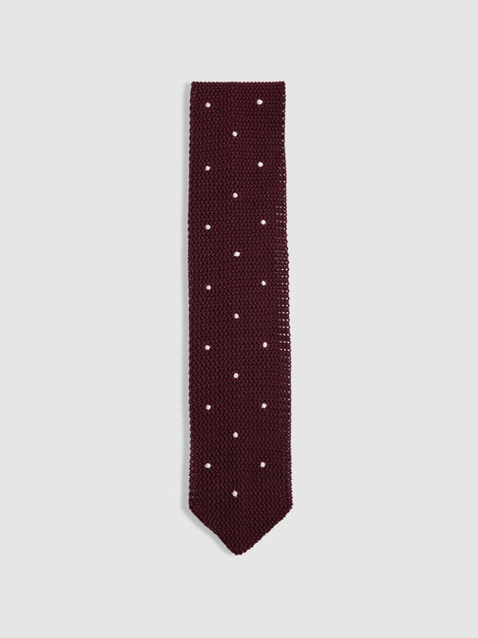 Reiss Silk Knitted Pin-Dot Tie in Burgundy