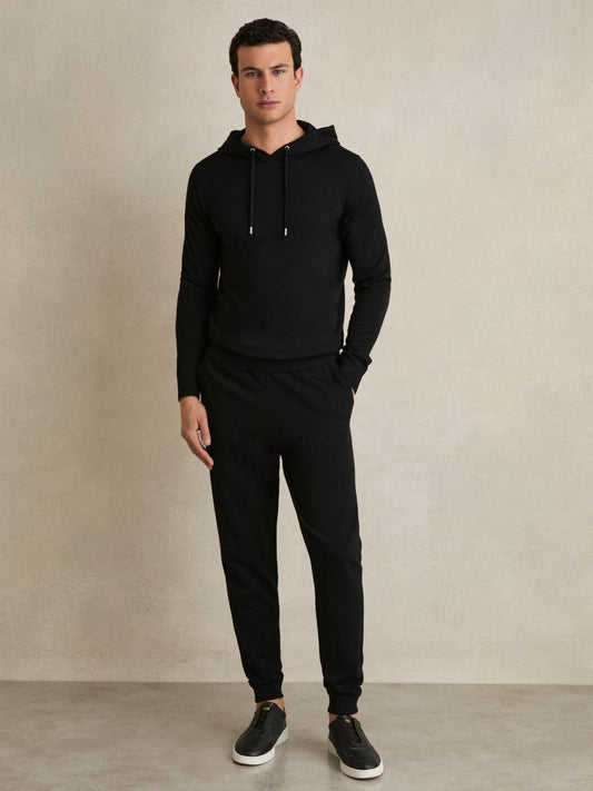Reiss Merino Wool Drawstring Hoodie in Black