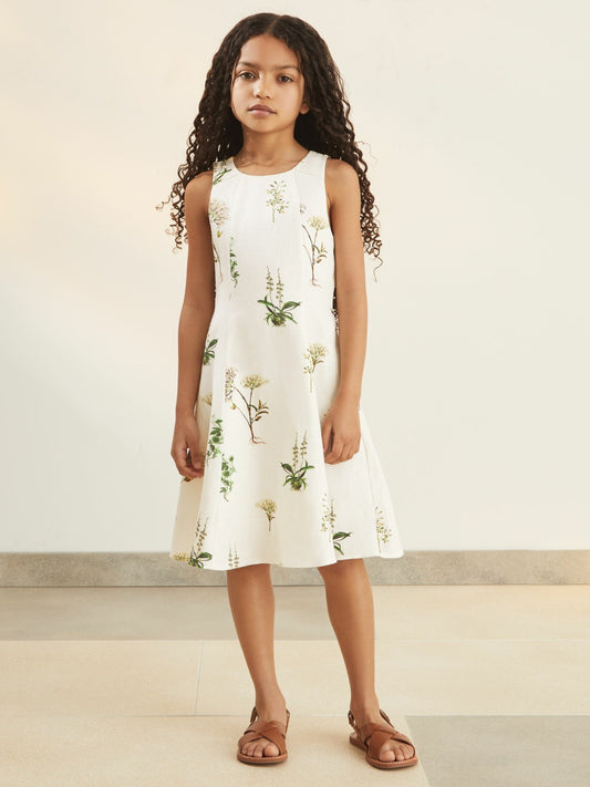 Reiss 9-13 yrs  | NYBG Linen Floral Flared Dress in Ivory