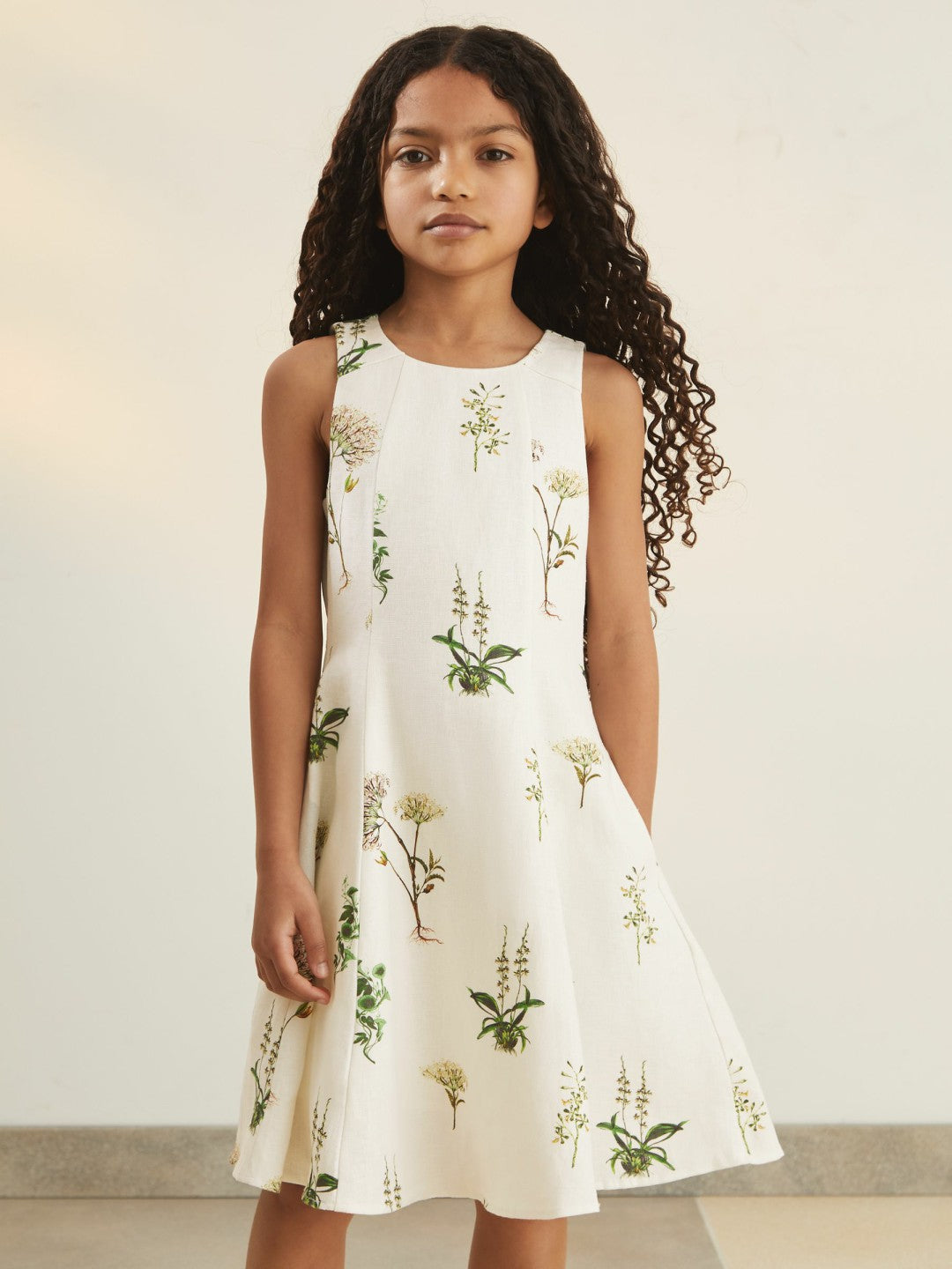 Reiss 9-13 yrs  | NYBG Linen Floral Flared Dress in Ivory