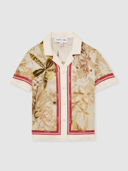 Reiss 13-14 yrs  | NYBG Satin Floral-Print Shirt in Khaki