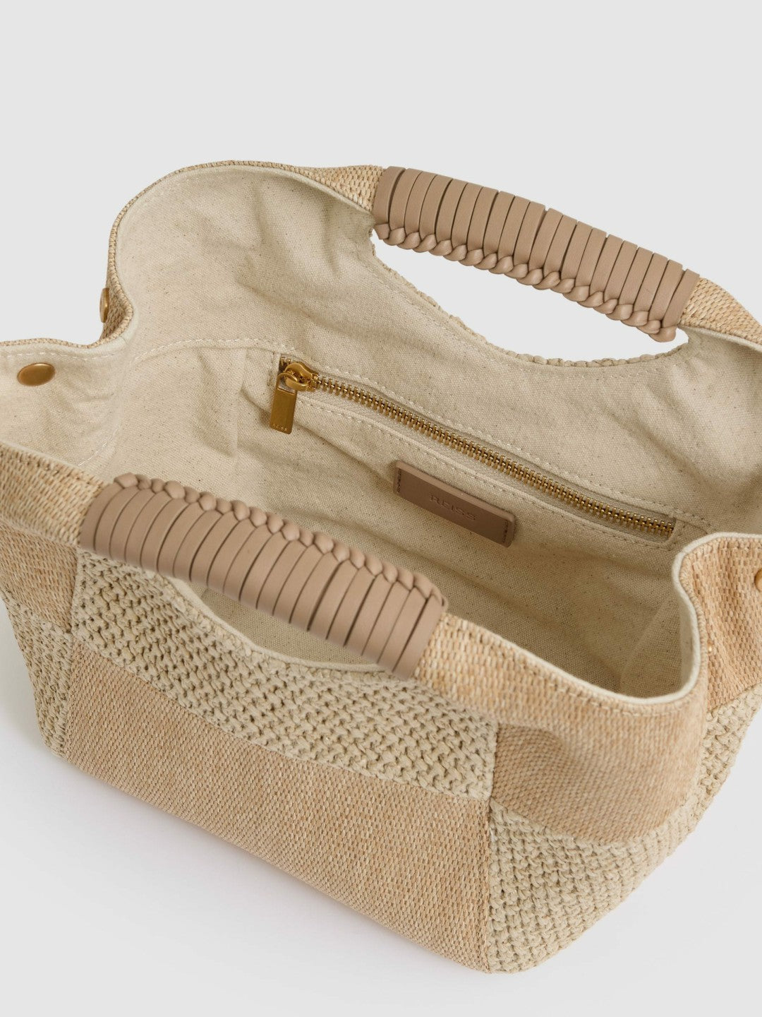 Reiss Raffia Patchwork Clutch Bag in Natural