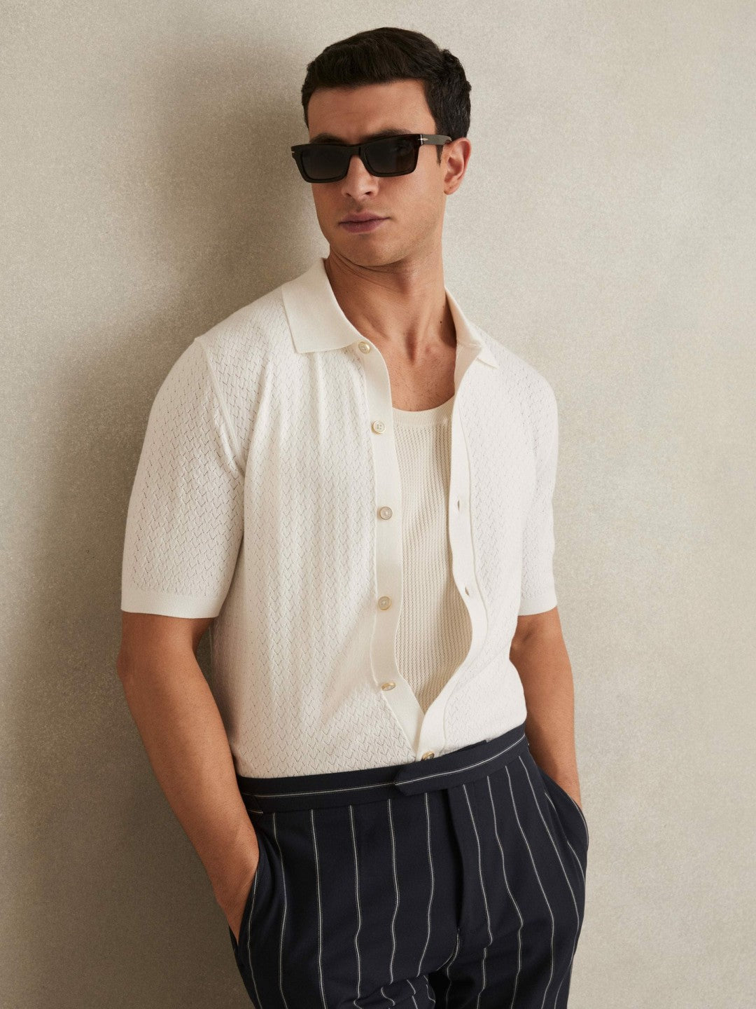 Reiss Textured Knit Button-Through Shirt in White