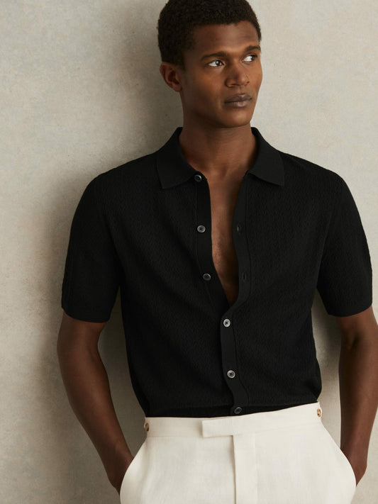 Reiss Textured Knit Button-Through Shirt in Black