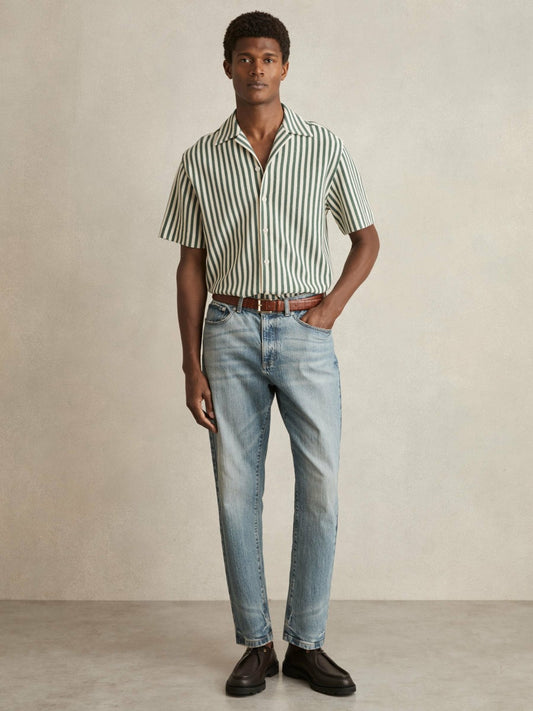 Reiss Textured Stripe Cuban-Collar Shirt in Green/White