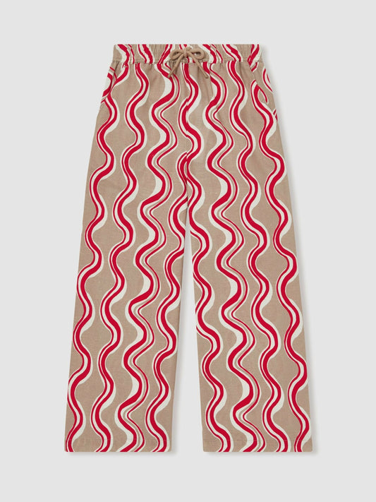 Reiss Cotton Linen Printed Trousers in Red