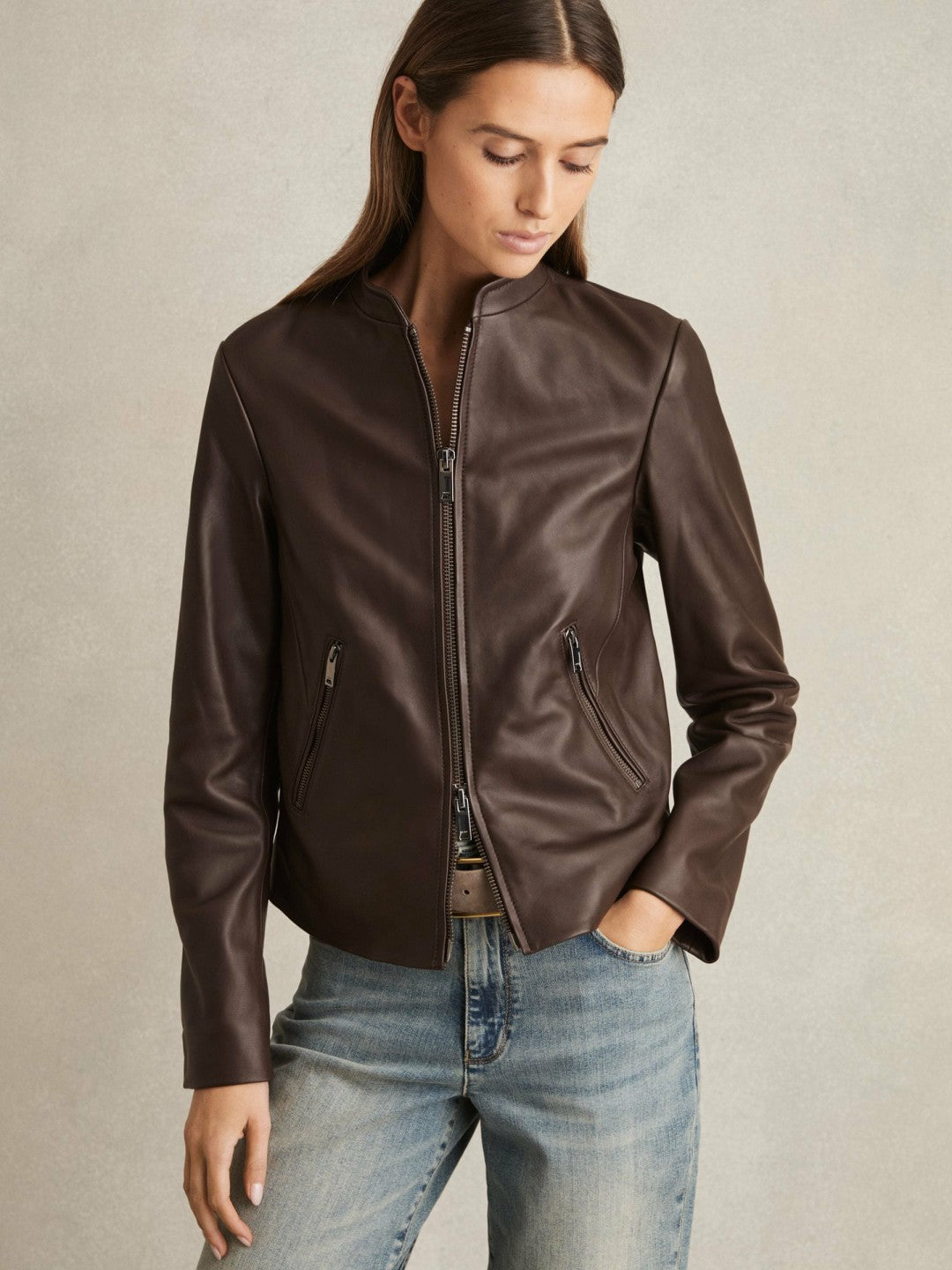 Reiss Leather Collarless Biker Jacket in Chocolate Brown