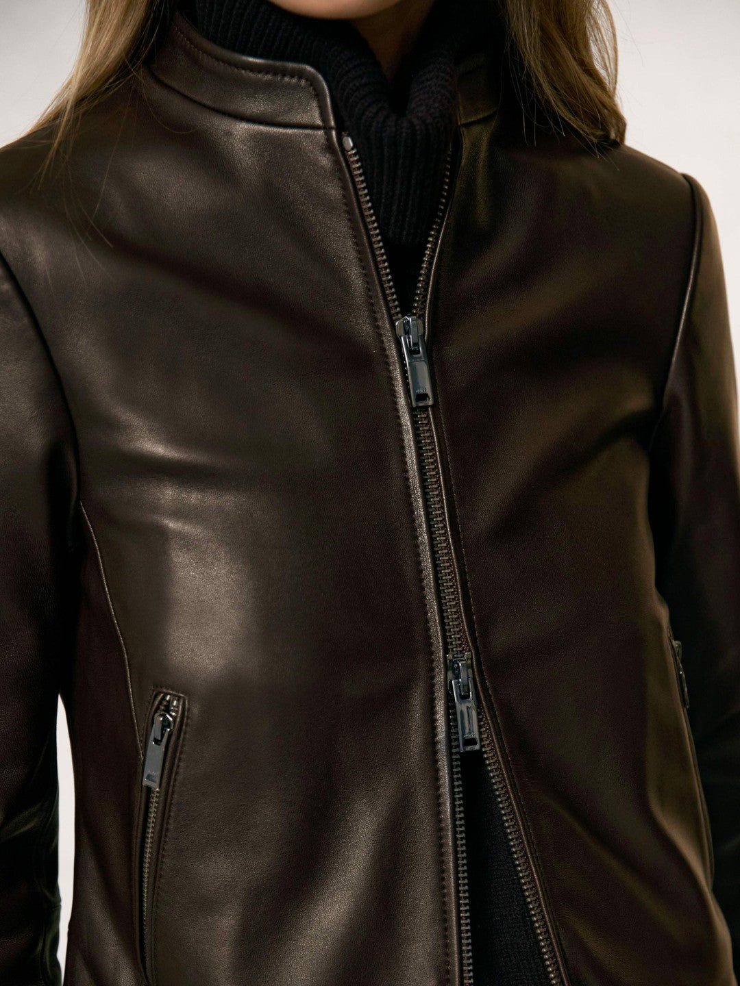 Reiss Leather Collarless Biker Jacket in Chocolate Brown