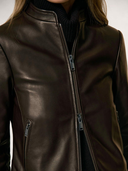 Reiss Leather Collarless Biker Jacket in Chocolate Brown