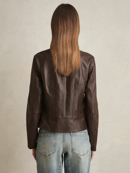 Reiss Leather Collarless Biker Jacket in Chocolate Brown