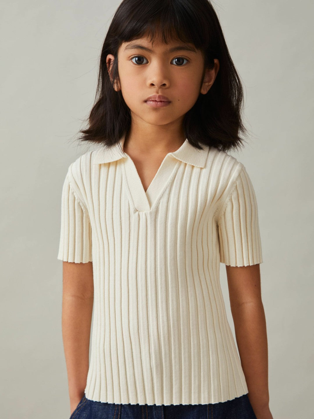 Reiss 9-13 yrs Rib-Knit Polo Top in Ivory