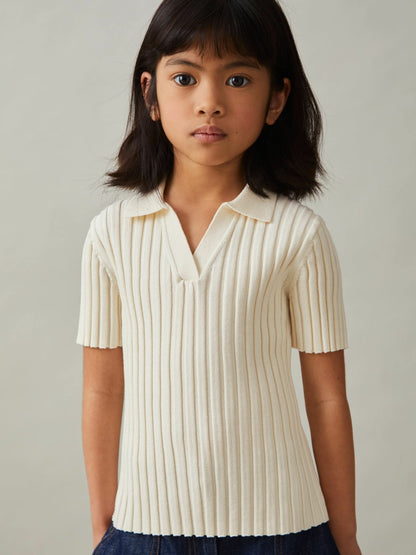 Reiss 9-13 yrs Rib-Knit Polo Top in Ivory