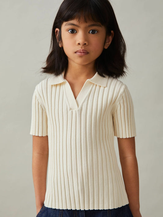 Reiss 9-13 yrs Rib-Knit Polo Top in Ivory