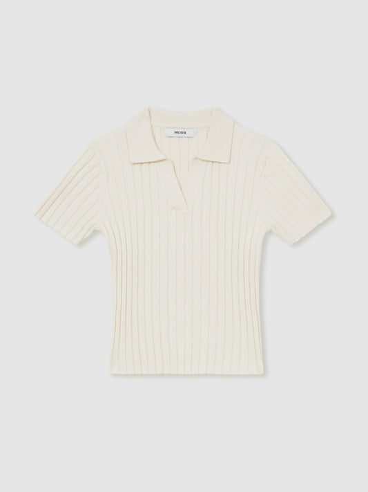 Reiss 13-14 yrs Rib-Knit Polo Top in Ivory