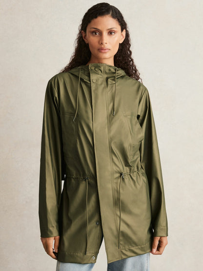 Reiss Rains Long Hooded Jacket in Revel Brass Green