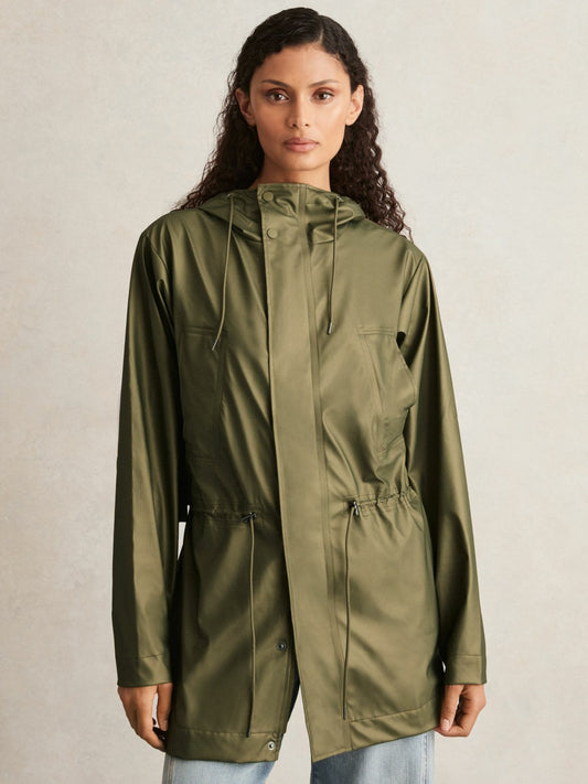 Reiss Rains Long Hooded Jacket in Revel Brass Green