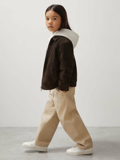 Reiss 9-13 yrs Unisex Fit McLaren F1 Team Suede Bomber Jacket in Distressed Brown