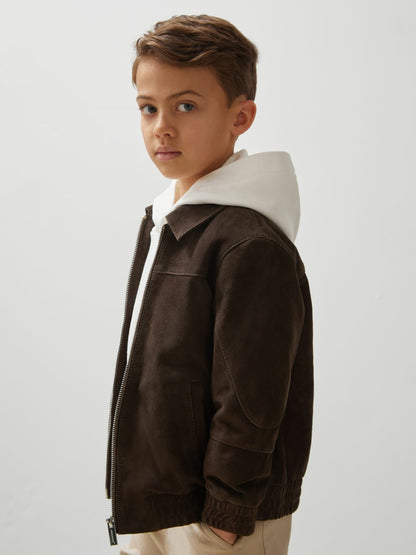 Reiss 9-13 yrs Unisex Fit McLaren F1 Team Suede Bomber Jacket in Distressed Brown